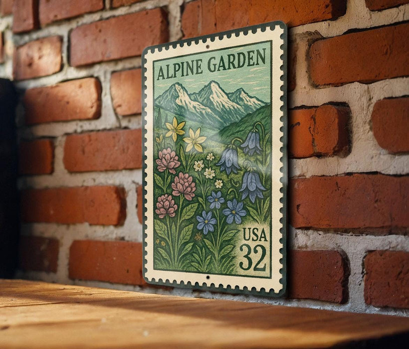A metal postage stamp featuring a floral illustration of the Alpine Garden, with mountains in the background.