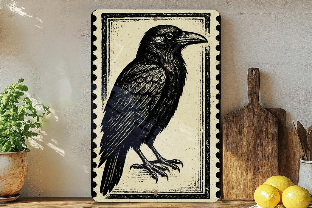 a black and white illustration of a crow, which is displayed on a wall next to a wooden cutting board and some potted plants.