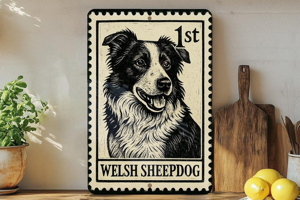 A metal sign featuring a black and white illustration of a Welsh sheepdog, with the text "Welsh Sheepdog" below the image.