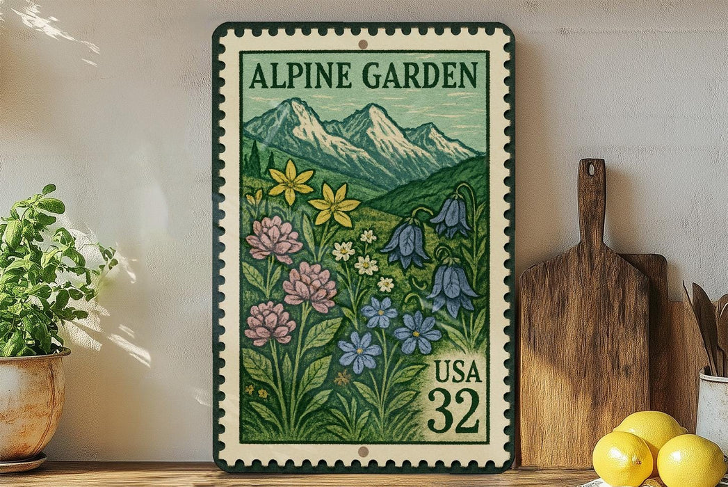 A framed postage stamp depicting a mountain landscape with colorful flowers, placed on a shelf next to a wooden cutting board and some potted plants.