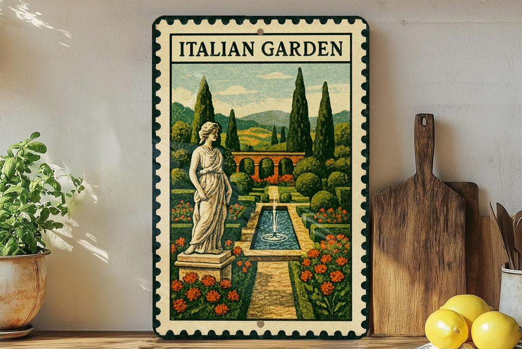 a framed illustration of an Italian garden, with a statue and a fountain in the center. The garden is surrounded by a variety of flowers and trees, creating a picturesque scene. The frame is placed on a wooden surface, with a potted plant and a cutting board nearby.