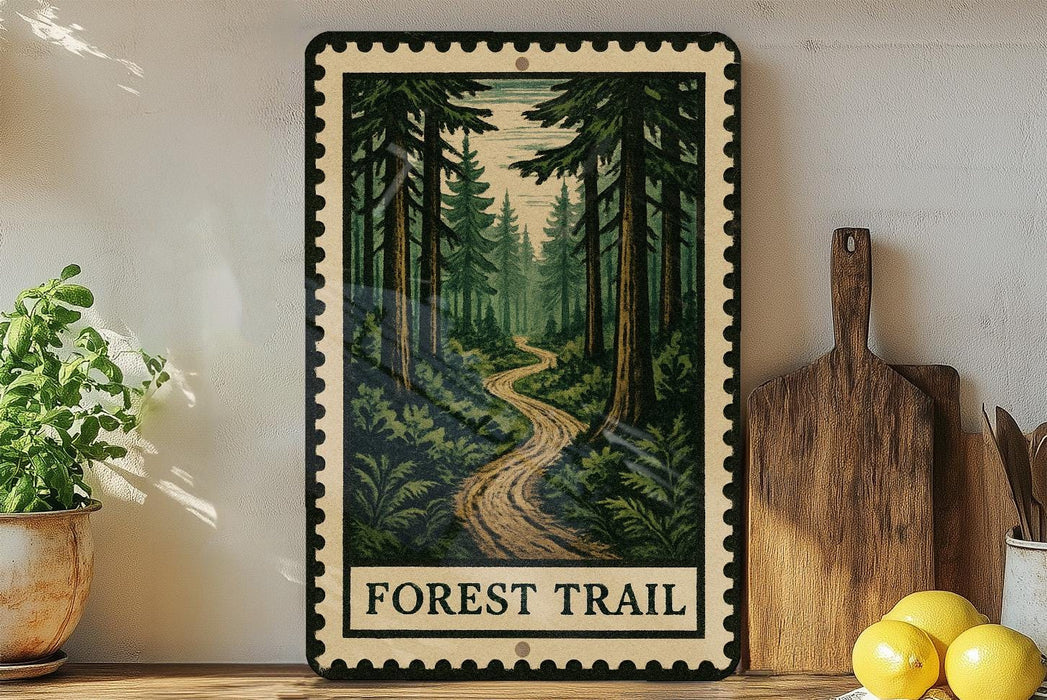 a framed illustration of a forest trail, with the text "FOREST TRAIL" prominently displayed. The frame is placed on a wooden surface, with a potted plant to the left and a wooden cutting board to the right.