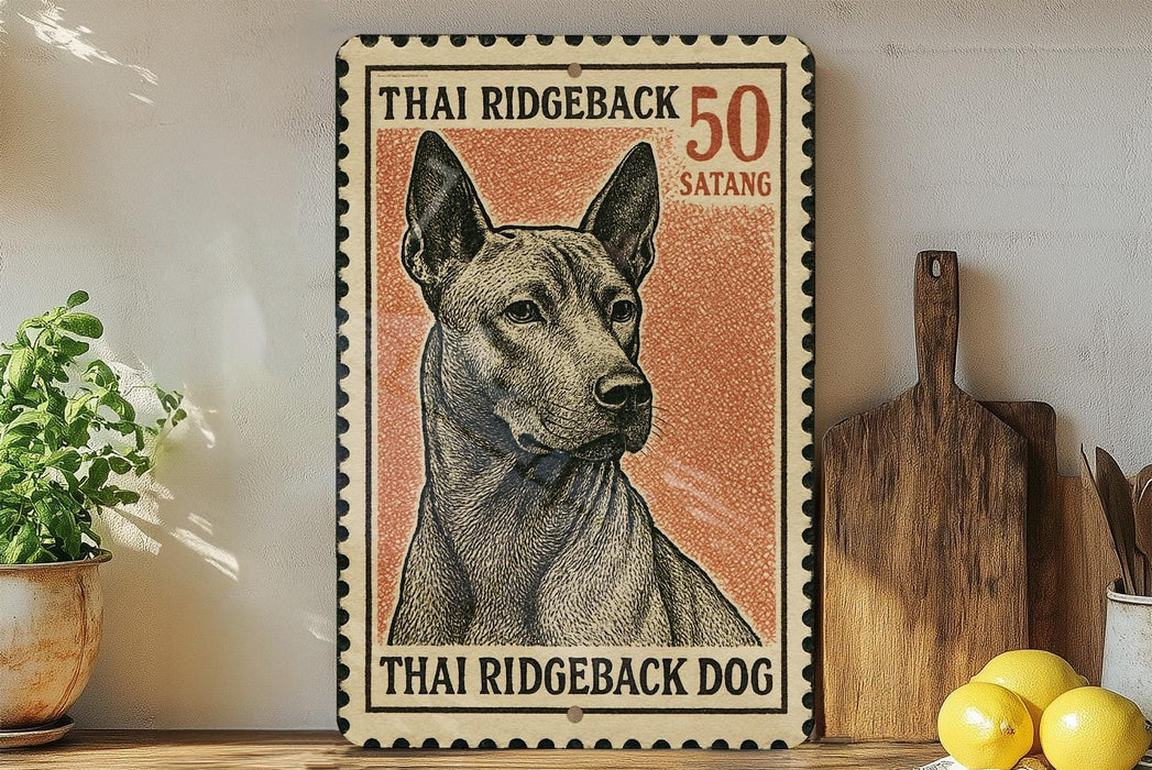 A framed print of a Thai Ridgeback dog, with the text "Thai Ridgeback 50 Satang" printed on it.