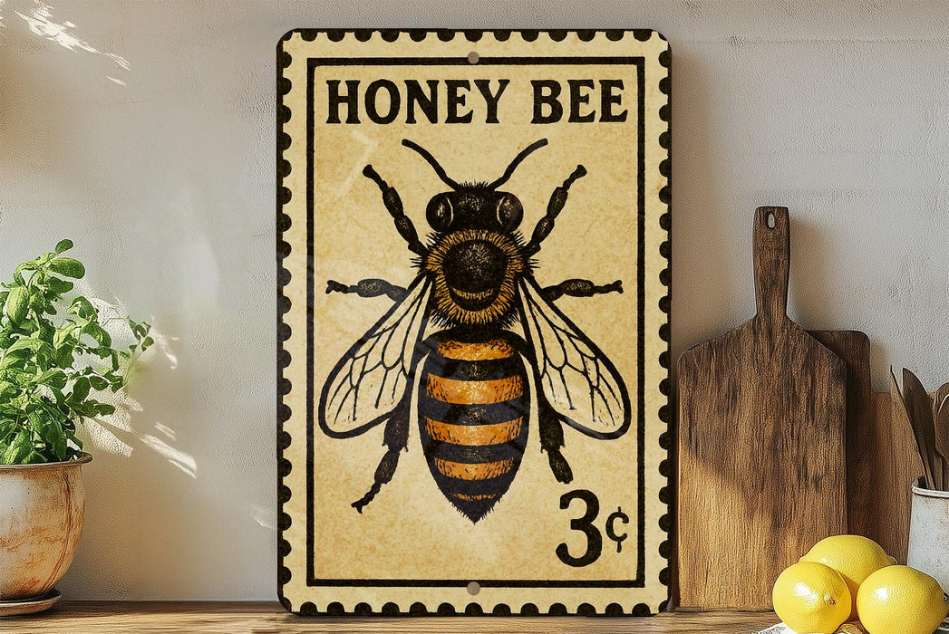 A vintage-style metal sign with a bee illustration, placed on a wooden shelf next to a potted plant and kitchen utensils.