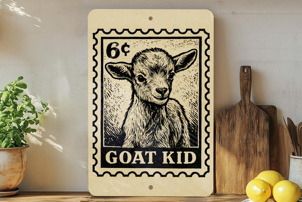 A wooden sign featuring a black and white illustration of a goat, with the text "GOAT KID" printed on it, is displayed on a shelf next to a potted plant and a wooden cutting board.