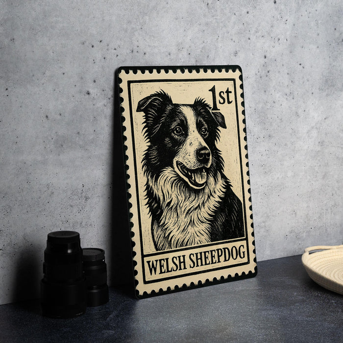 A metal stamp featuring a black and white illustration of a Welsh sheepdog, with the text "WELSH SHEPP dog" printed on it.