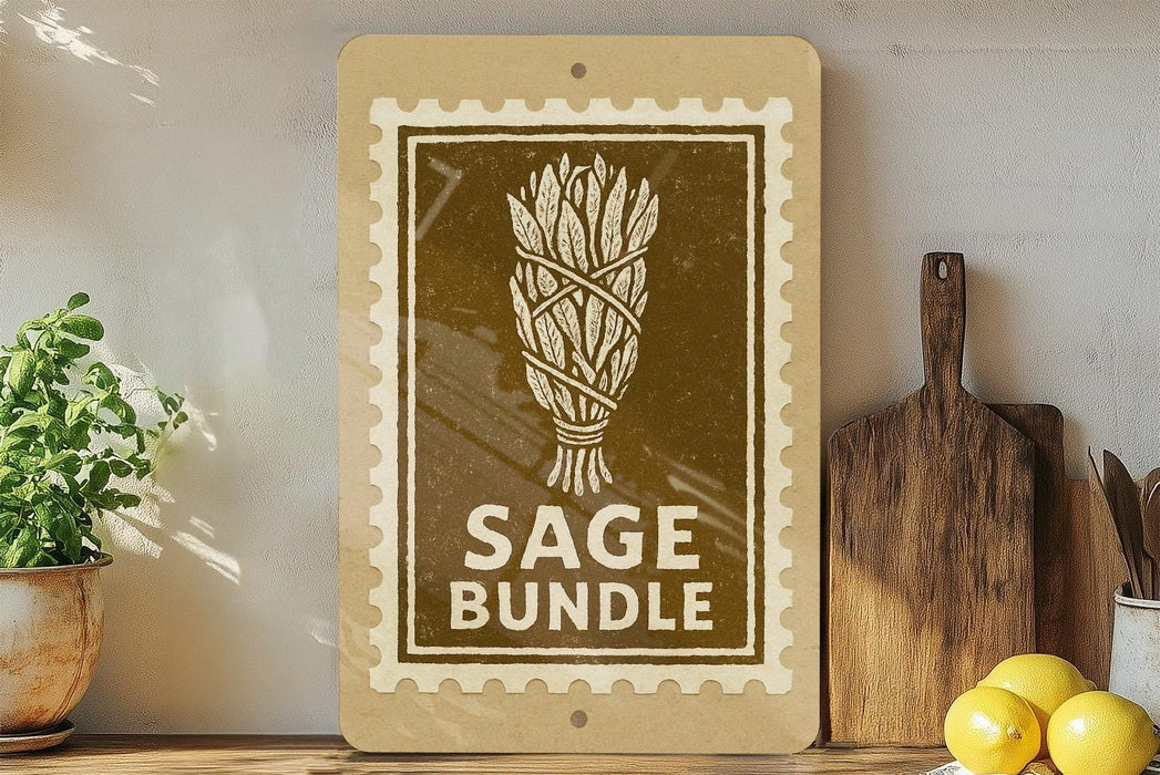 a wooden sign with a stylized illustration of a bundle of herbs, placed on a shelf next to a wooden cutting board and some lemons.