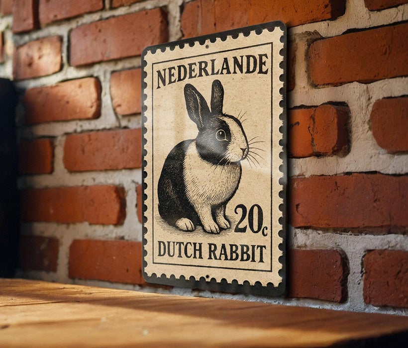 A metal sign with a black and white illustration of a Dutch rabbit, mounted on a brick wall.
