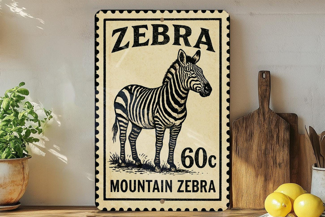 A vintage-style metal sign featuring a zebra illustration and the text "Zebra Mountain Zebra 60c" is displayed on a wooden shelf.