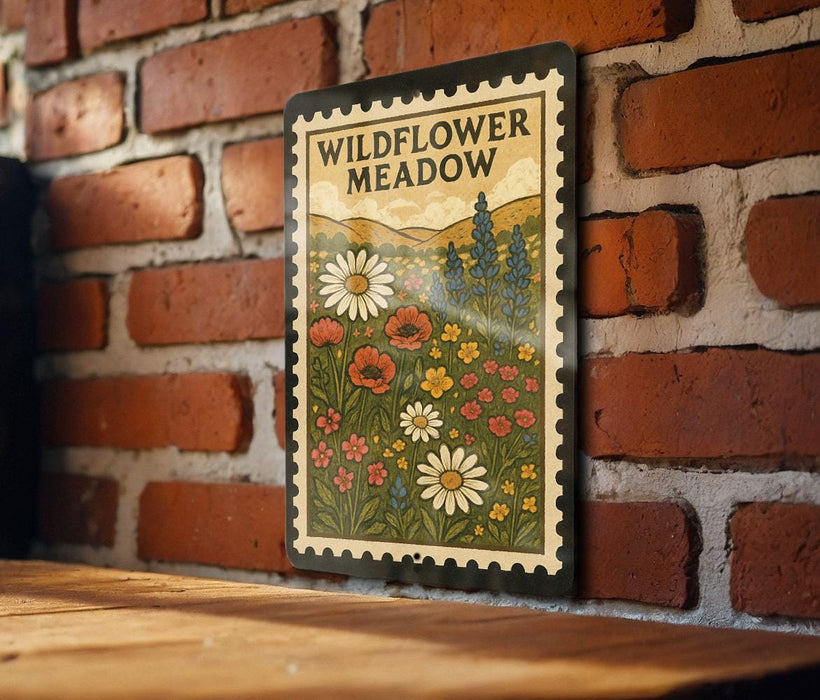 A vintage-style metal sign with a floral design is mounted on a brick wall, depicting a meadow with wildflowers.