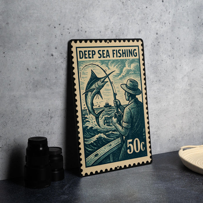 A metal stamp with a fishing scene on it, featuring a man holding a fishing rod and a large fish.