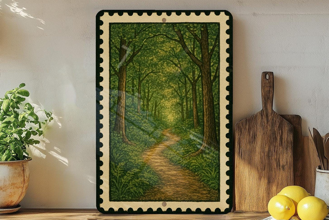 a framed painting of a forest path with a winding trail, surrounded by lush greenery and a wooden cutting board with a knife on the right side.
