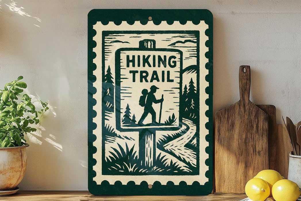 a green and white sign that reads "HIKING TRAIL" with a silhouette of a hiker, placed on a wooden surface next to a wooden cutting board and some potted plants.