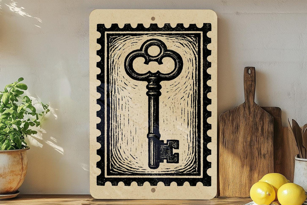 a wooden shelf with a framed key design, a potted plant, a wooden cutting board, and some lemons.
