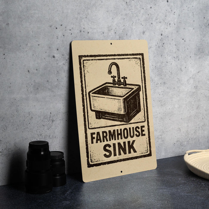 a sign that reads "FARMHOUSE SINK" with a black and white illustration of a farmhouse sink.