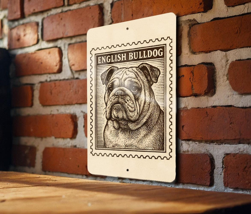 A wooden sign featuring a detailed illustration of an English Bulldog, mounted on a brick wall.