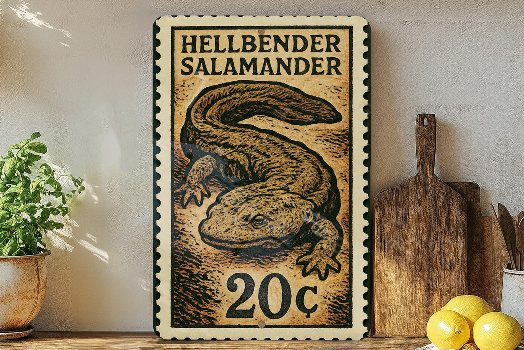 A metal stamp with a salamander illustration and the text "Hellbender Salamander" printed on it, along with the denomination of 20 cents.