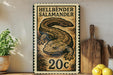 A metal stamp with a salamander illustration and the text "Hellbender Salamander" printed on it, along with the denomination of 20 cents.