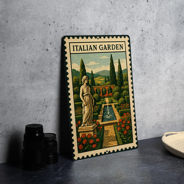 a metal sign with an illustration of a garden, including a fountain and a statue, with the text "Italian Garden" on it.