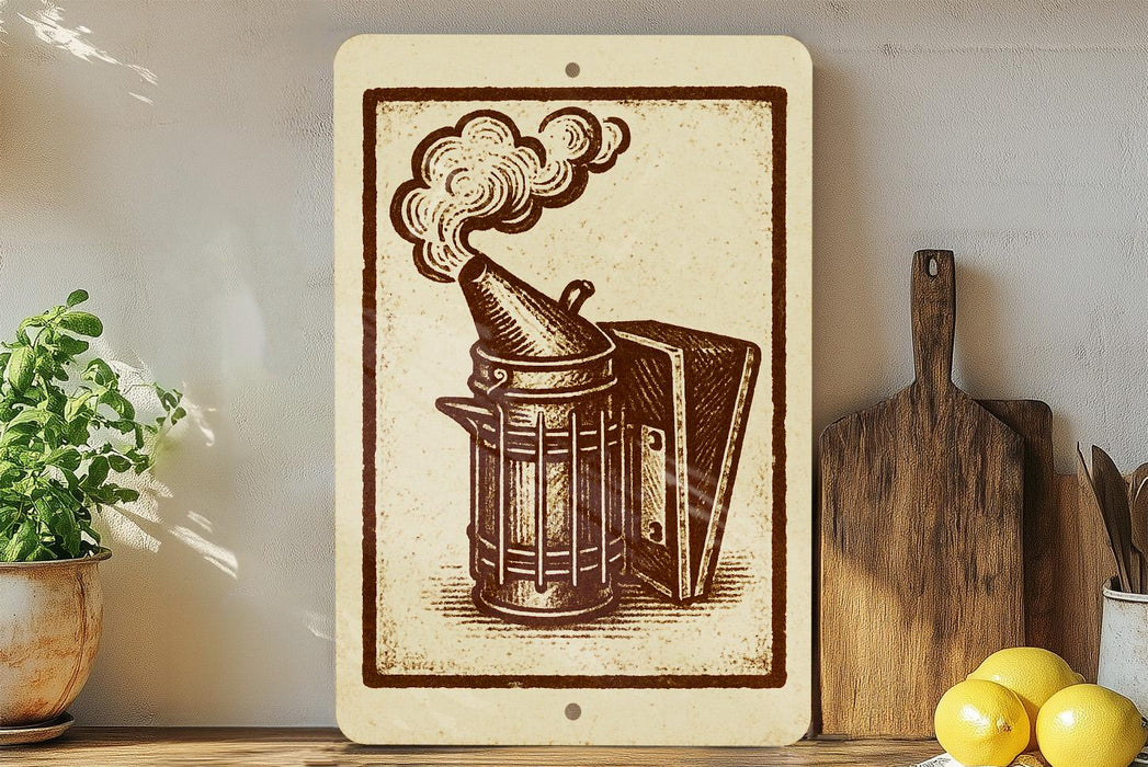 a wooden board with a drawing of a wooden smokestack and a wooden plank, along with some kitchen utensils and a potted plant.