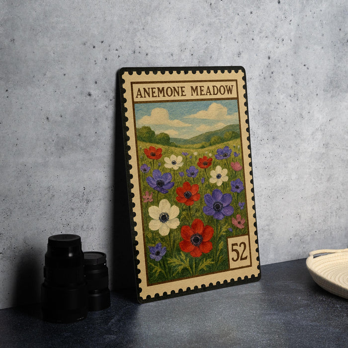 a framed stamp-like artwork depicting a field of colorful flowers, with a vintage-style border and the text "ANEMONE MEadow" printed on it.