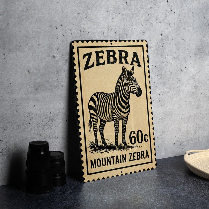 A vintage-style metal sign featuring a zebra illustration and the text "Zebra 60c Mountain Zebra".