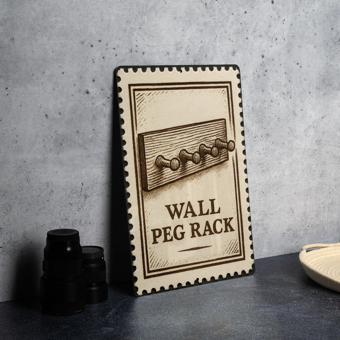 A wall peg rack sign is displayed on a table, with a stack of black camera lenses and a woven basket nearby.