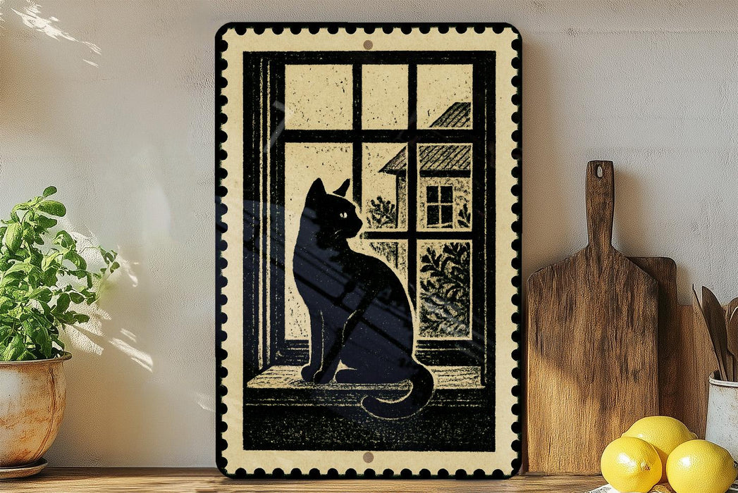 A framed illustration of a black cat sitting on a windowsill, looking out of a window, is displayed on a shelf next to a wooden cutting board and some lemons.