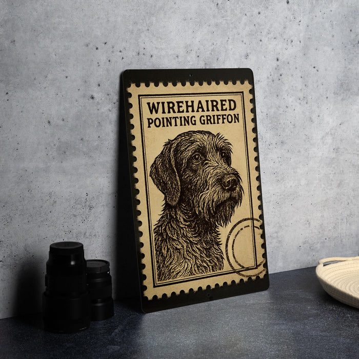 a framed poster of a wirehaired pointing griffin, a breed of dog, on a wall.