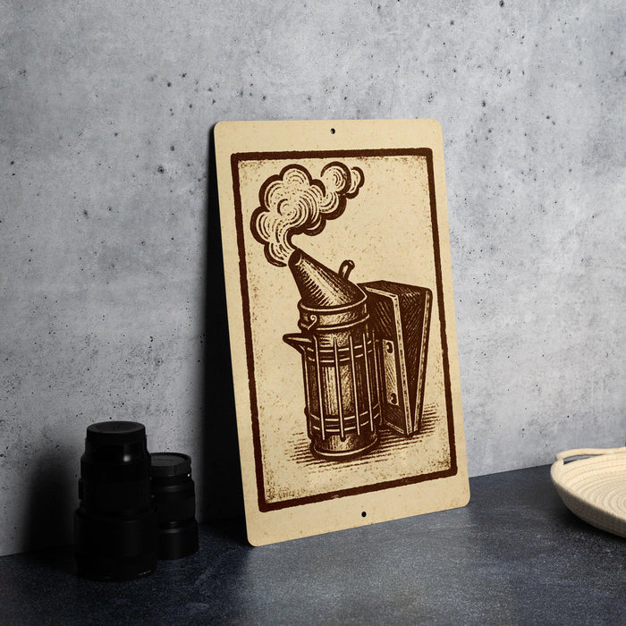 a wooden sign with an illustration of a metal container, possibly a teapot or a smoking device, on a gray wall.