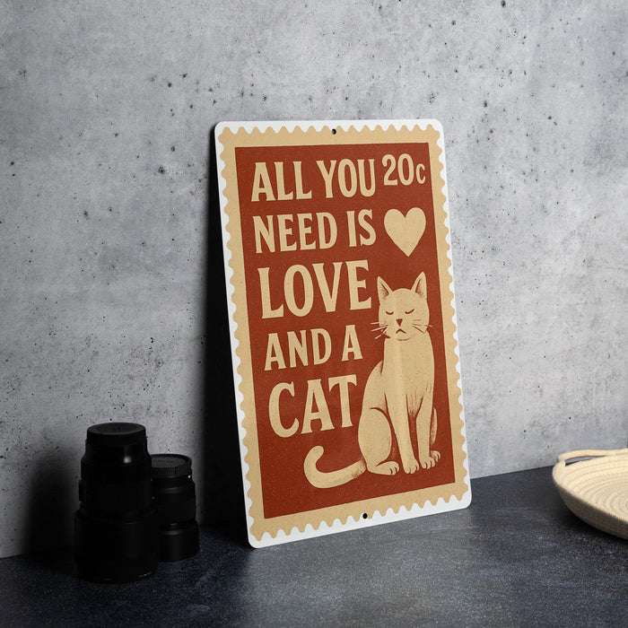 A sign with the text "ALL YOU NEED IS LOVE AND A CAT" is displayed on a table, accompanied by a cat illustration.