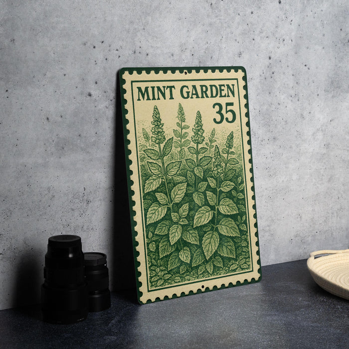 A metal sign with a mint plant illustration and the number 35 is displayed on a table, accompanied by a stack of black camera lenses and a woven basket.