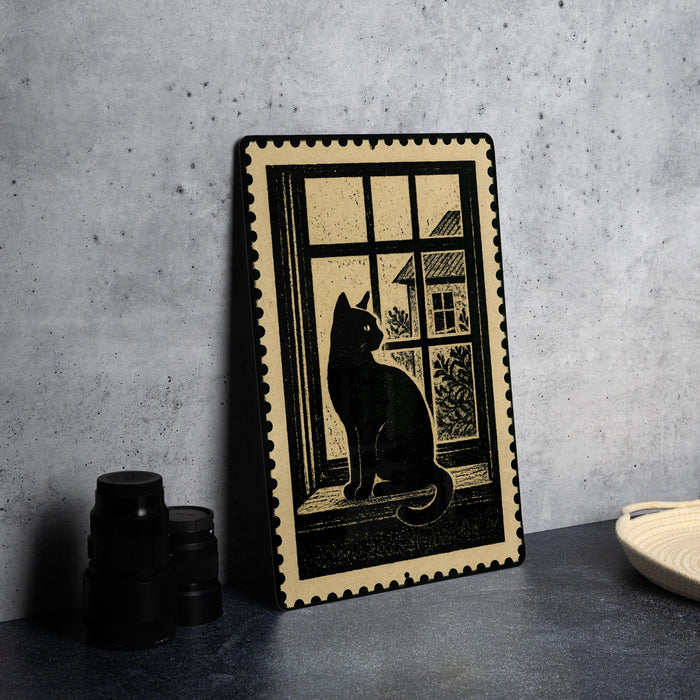 A framed illustration of a cat sitting on a windowsill, with a house visible through the window.