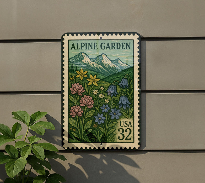 A postage stamp featuring a mountain landscape with flowers, mounted on a wall next to a plant.