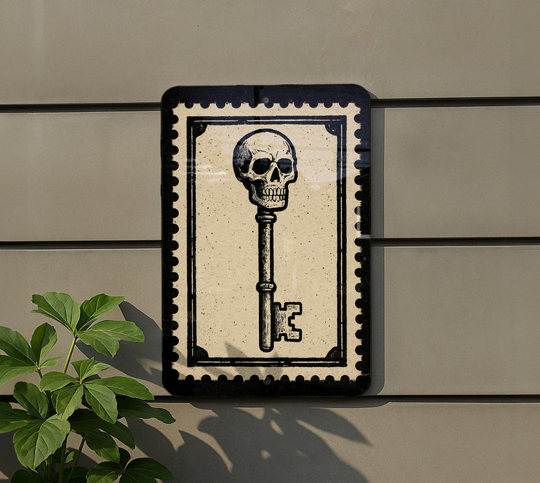 a key with a skull on it, mounted on a wall.