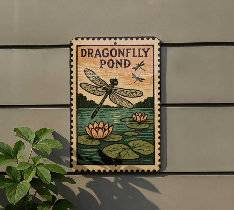 A sign for a pond with a dragonfly, featuring a dragonfly and water lilies, mounted on a wall next to a plant.