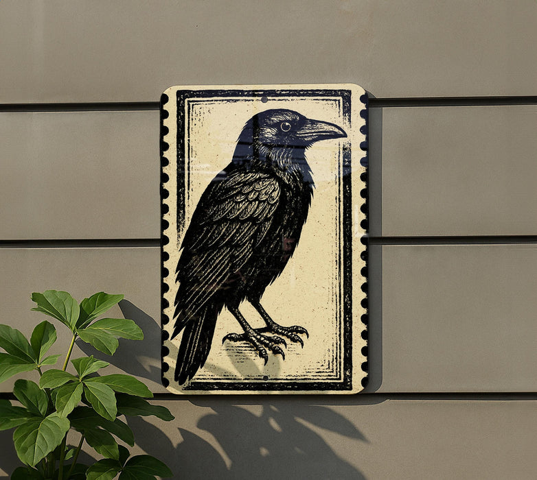 a black and white illustration of a crow perched on a wall, with a plant visible to the left of the frame.