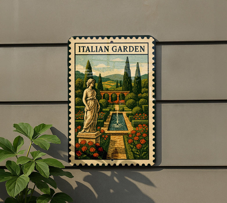 a vintage-style metal sign with a painting of a garden and a statue, mounted on a wall.