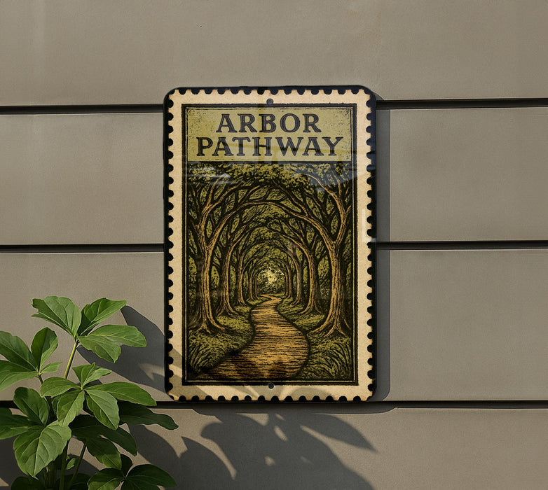 a sign for the "Arbor Pathway" hanging on a wall, with a plant to the left of the sign.