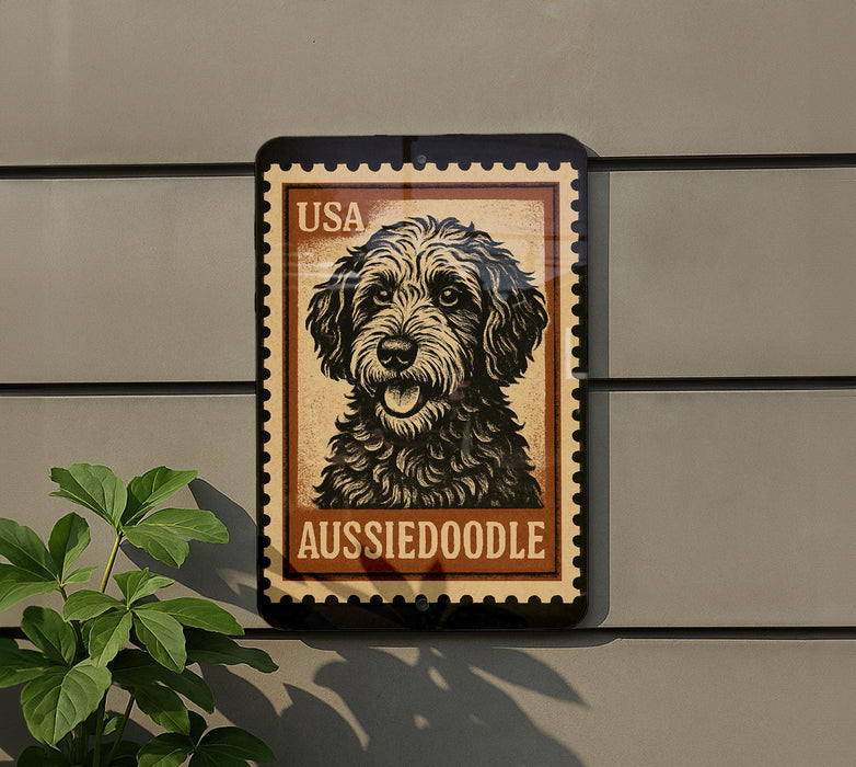 a stamp-like sign with a picture of a curly-haired dog, specifically an Aussiedoodle, mounted on a wall.