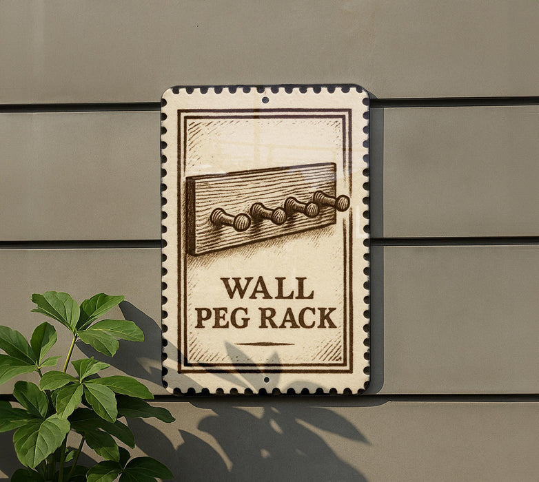 a wall-mounted sign with a wooden peg rack depicted on it, mounted on a gray wall.
