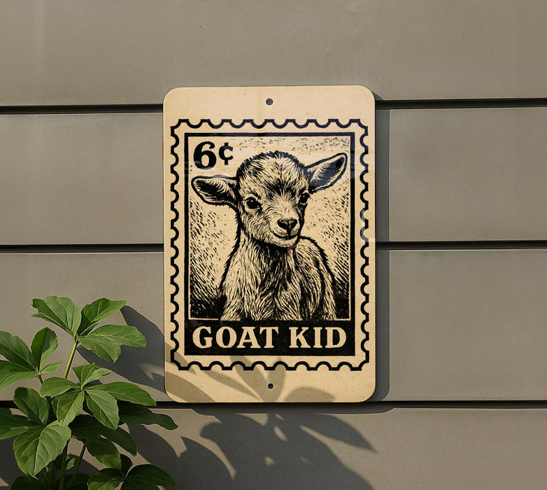 a sign with a goat's head and the text "GOAT KID" on it, mounted on a wall.