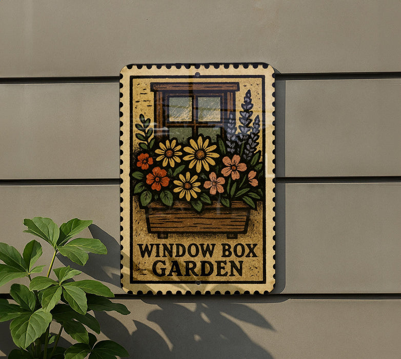 A metal sign with a floral design hangs on a wall, displaying the text "WINDOW BOX GARDEN".