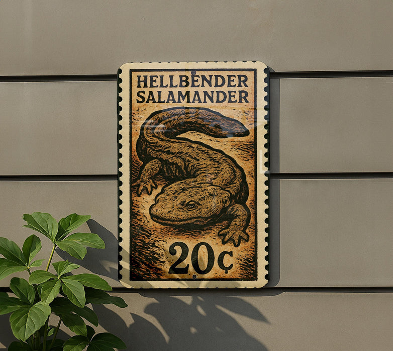 A postage stamp featuring a salamander, with the text "HELLBENDER SALAMANDER" printed on it.