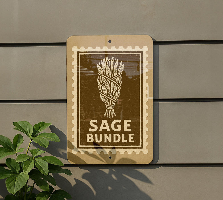 a sign that reads "SAGE BUNDLE" with a stylized depiction of a bundle of herbs or spices.