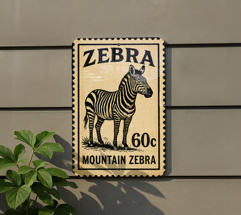 a sign with a zebra illustration and the text "Zebra 60c Mountain Zebra".