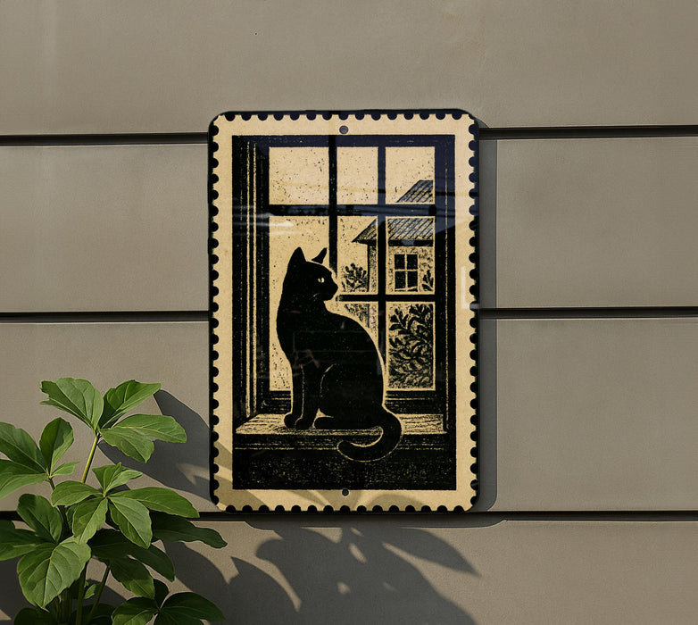 A black cat sitting on a windowsill, looking out of a window, with a house visible through the window.