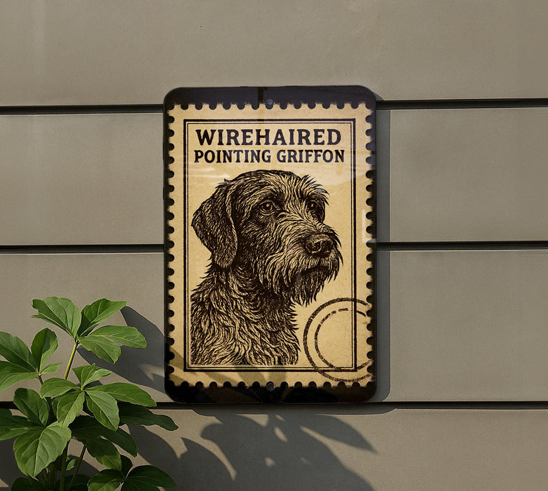 a sign with a dog illustration, mounted on a wall next to a plant.