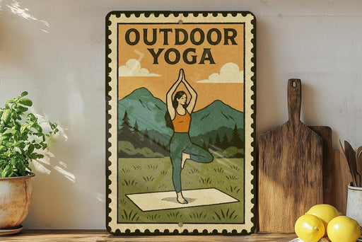 a vintage-style sign with a woman practicing yoga on a mat, set against a backdrop of mountains and a lush green field.