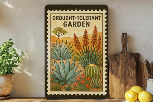 a framed illustration of a drought-tolerant garden, including various succulents and cacti, displayed on a shelf next to a wooden cutting board and a potted plant.
